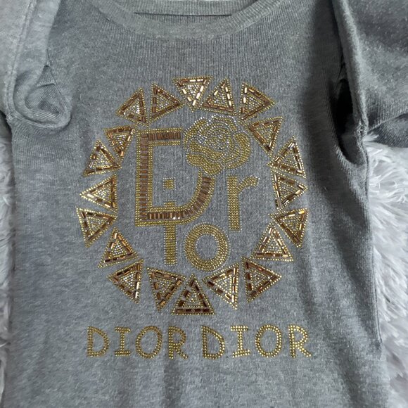Dior Sweater Womens Small Gray Beaded Rhinestone Logo Puff Sleeve Knit Pullover - Picture 2 of 10